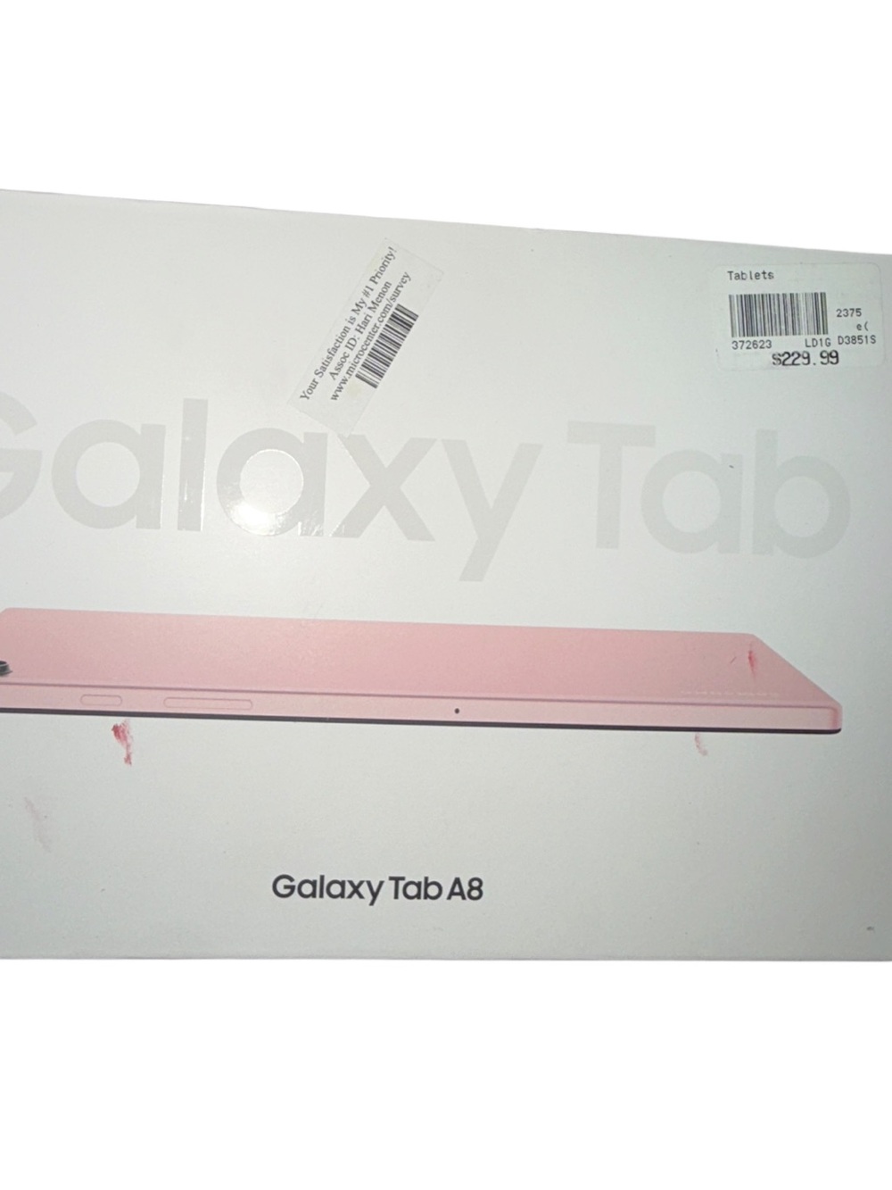 original packaging box for a Samsung Galaxy Tab A8 in Pink Gold. Selling empty